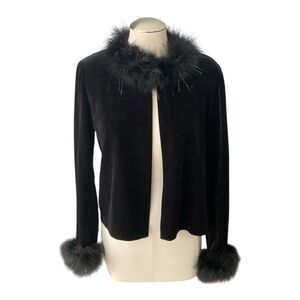 Patra Black Velvet Feather Trim Cardigan Jacket M Marabou Cuffs Holiday Y2K